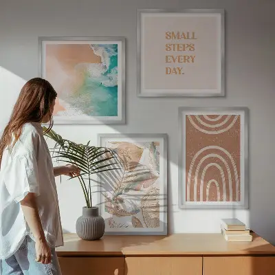 4 paveikslų rinkinys su rėmais subtilūs boho lapų motyvai