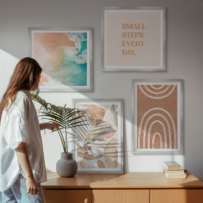 4 paveikslų rinkinys su rėmais Subtilūs boho lapų užrašai