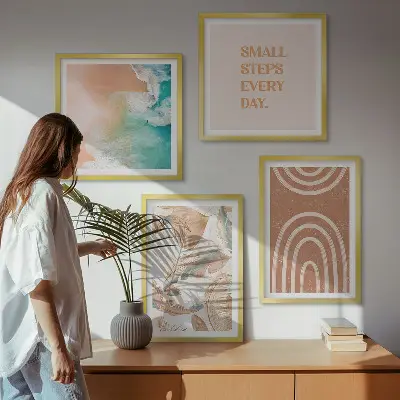 4 paveikslų rinkinys su rėmais subtilūs boho lapų motyvai