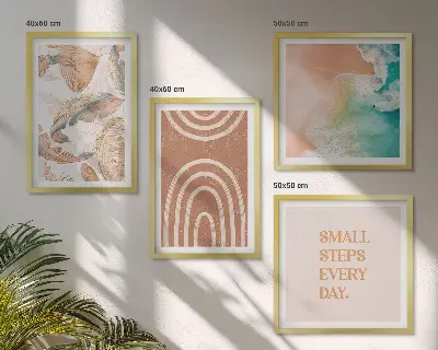 4 paveikslų rinkinys su rėmais subtilūs boho lapų motyvai