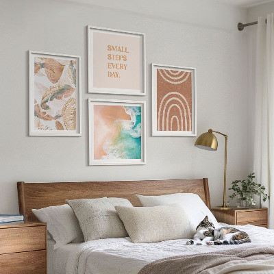 4 paveikslų rinkinys su rėmais Subtilūs boho lapų užrašai