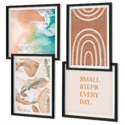 4 paveikslų rinkinys su rėmais Subtilūs boho lapų užrašai