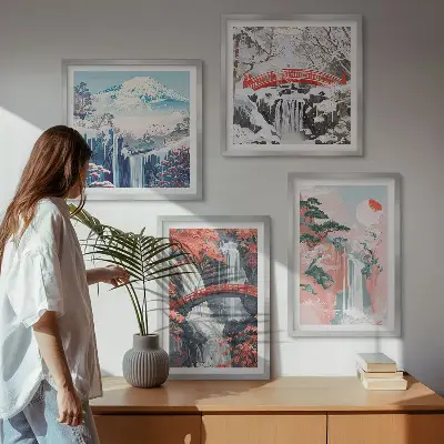 4 paveikslų rinkinys su rėmais kriokliai, tiltai, medžiai ir metų laikai