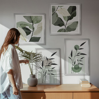 4 paveikslų rinkinys su rėmais Boho augalų kompozicijos