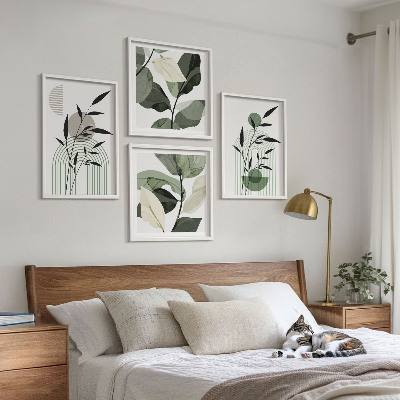 4 paveikslų rinkinys su rėmais Boho augalų kompozicijos
