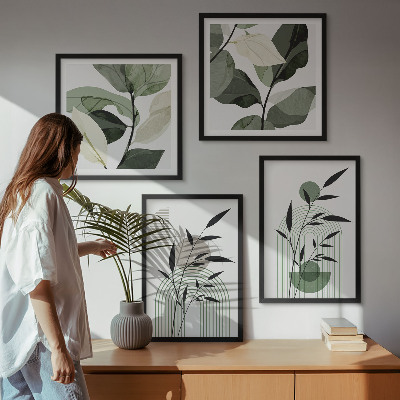 4 paveikslų rinkinys su rėmais Boho augalų kompozicijos