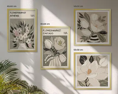 Retro gėlės iš skirtingų miestų 4 paveikslų rinkinys su rėmais