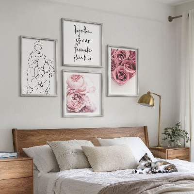 4 paveikslų rinkinys su rėmais Šeimyninės linijinio piešinio rožių puokštės
