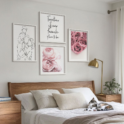 4 paveikslų rinkinys su rėmais Šeimyninės linijinio piešinio rožių puokštės