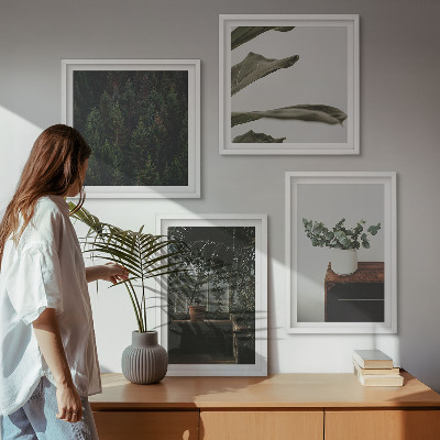 4 paveikslų rinkinys su rėmais Kaimiški vazoniniai augalai
