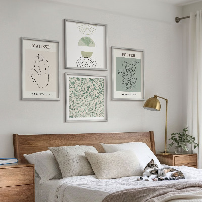 4 paveikslų rinkinys su rėmais Linijos, augalų raštai, minimalizmas
