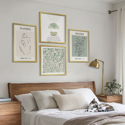 4 paveikslų rinkinys su rėmais Linijos, augalų raštai, minimalizmas