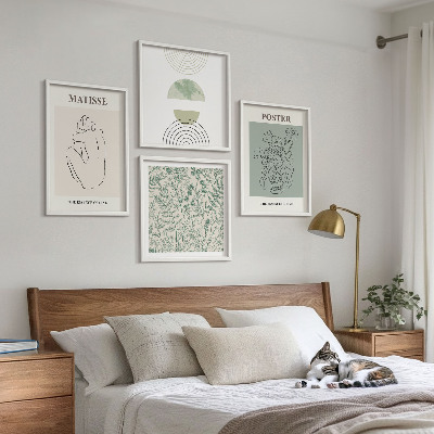 4 paveikslų rinkinys su rėmais Linijos, augalų raštai, minimalizmas
