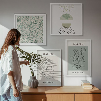 4 paveikslų rinkinys su rėmais Linijos, augalų raštai, minimalizmas