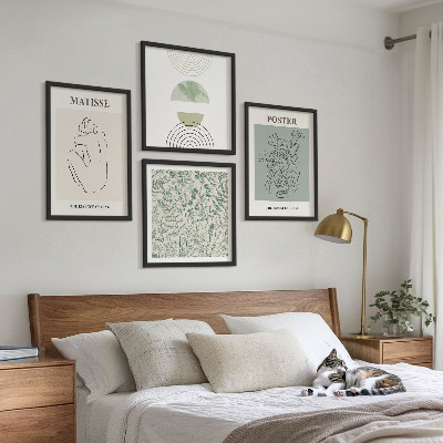 4 paveikslų rinkinys su rėmais Linijos, augalų raštai, minimalizmas