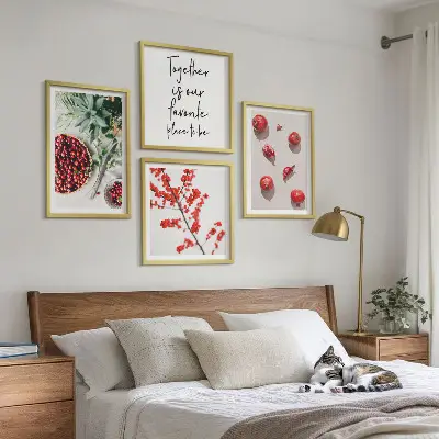 Raudonųjų augalų vaisių minimalizmo paveikslų rinkinys 4 paveikslai su rėmais
