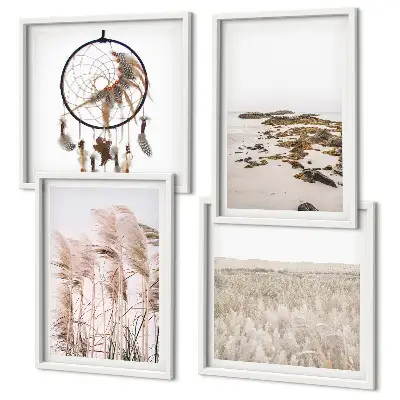 Paveikslų kompozicija ant sienos su žolės laukų paplūdimyje boho stiliumi vaizdu