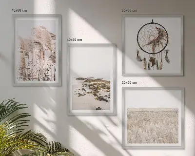 Paveikslų kompozicija ant sienos su žolės laukų paplūdimyje boho stiliumi vaizdu