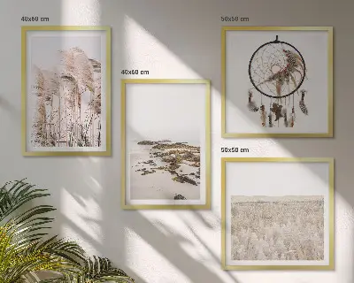 Paveikslų kompozicija ant sienos su žolės laukų paplūdimyje boho stiliumi vaizdu