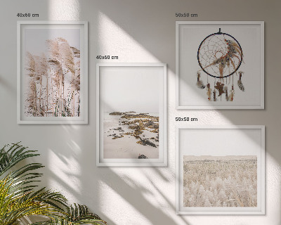 Paveikslų kompozicija ant sienos Žolės laukai paplūdimyje boho stiliumi