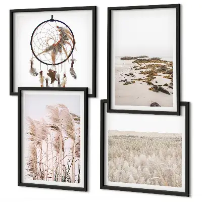 Paveikslų kompozicija ant sienos su žolės laukų paplūdimyje boho stiliumi vaizdu