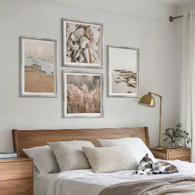 Paplūdimio žolės ir akmenų bohemiško stiliaus paveikslų rinkinys 4 dalių komplektas su rėmais
