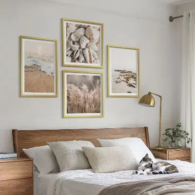 Paplūdimio žolės ir akmenų bohemiško stiliaus paveikslų rinkinys 4 dalių komplektas su rėmais