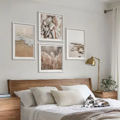 Paplūdimio žolės ir akmenų bohemiško stiliaus paveikslų rinkinys 4 dalių komplektas su rėmais