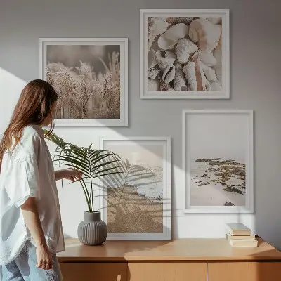 Paplūdimio žolės ir akmenų bohemiško stiliaus paveikslų rinkinys 4 dalių komplektas su rėmais
