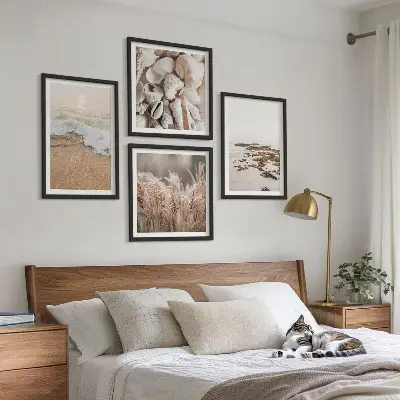 Paplūdimio žolės ir akmenų bohemiško stiliaus paveikslų rinkinys 4 dalių komplektas su rėmais