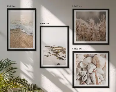 Paplūdimio žolės ir akmenų bohemiško stiliaus paveikslų rinkinys 4 dalių komplektas su rėmais