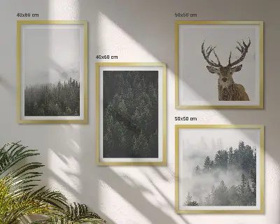 Paveikslų kompozicija ant sienos žali miškai ir miglotas peizažas