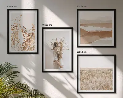 Paveikslų kompozicija ant sienos su boho stiliaus augalų motyvais