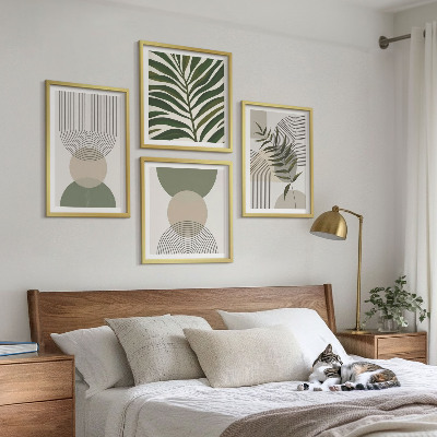 4 paveikslų rinkinys su rėmais Abstraktūs lapai bohemiško stiliaus