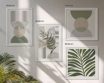 Abstraktūs lapai bohemiško stiliaus 4 paveikslų rinkinys su rėmais