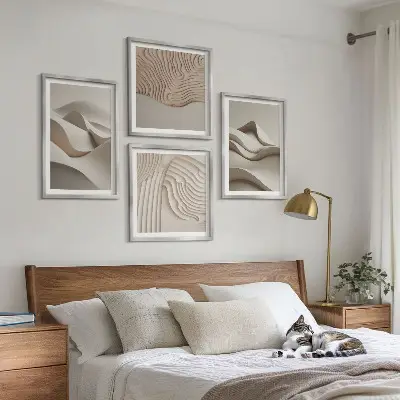 Abstrakčių smėlio spalvos bangų paveikslų rinkinys 4 dalių komplektas su rėmais