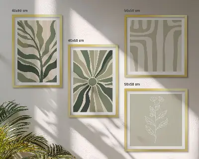 Paveikslų kompozicija ant sienos žalias minimalistinis augalų raštas