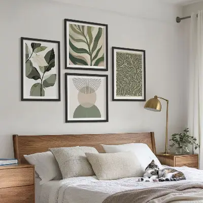 Paveikslų kompozicija ant sienos geometrinės formos lapų abstrakcija