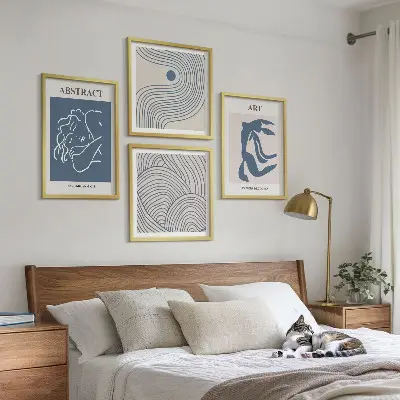 Abstrakti linijinių bangų plakatų kolekcija 4 paveikslų rinkinys su rėmais