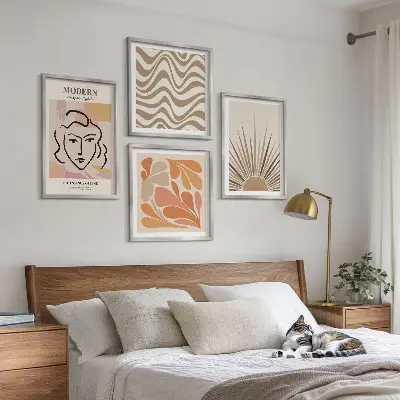 4 paveikslų rinkinys su rėmais bohemiškos pastelinės saulės formos