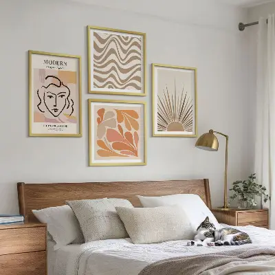 4 paveikslų rinkinys su rėmais bohemiškos pastelinės saulės formos