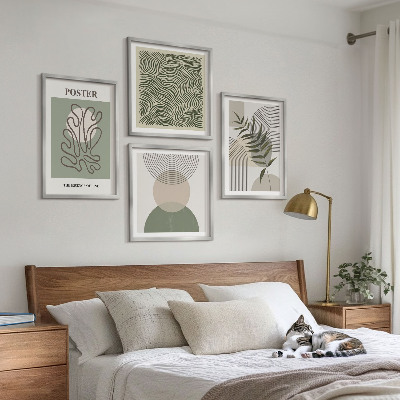 4 paveikslų rinkinys su rėmais Geometriniai botaniniai raštai