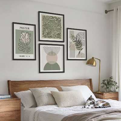 4 paveikslų rinkinys su rėmais Geometriniai botaniniai raštai