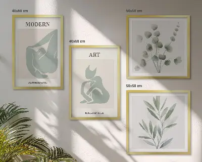 Paveikslų kompozicija ant sienos augaliniai motyvai, subtili žalia spalva