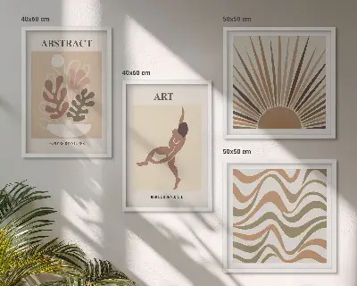 Paveikslų kompozicija ant sienos su bohemiškais abstrakčiais Matiso raštais