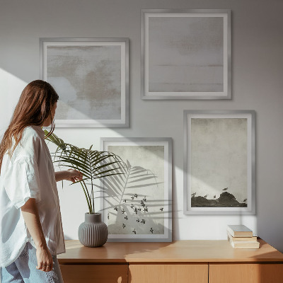 4 paveikslų rinkinys su rėmais Minimalistiniai paukščiai skrydžio metu