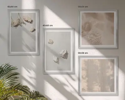 Paveikslų kompozicija ant sienos boho stiliaus akmenų ir paplūdimio motyvų dekoracijos