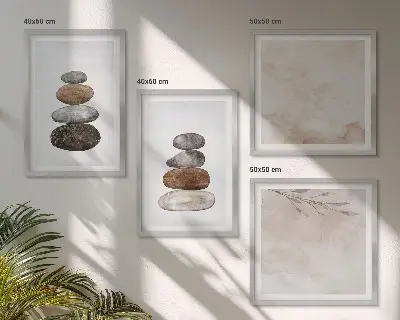 Paveikslų kompozicija ant sienos bohemiško stiliaus akmenų krūvos paveikslas