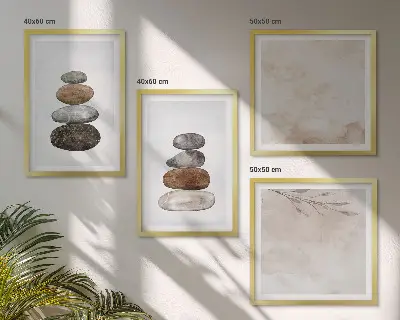 Paveikslų kompozicija ant sienos bohemiško stiliaus akmenų krūvos paveikslas