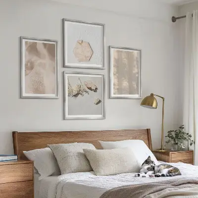 4 paveikslų rinkinys su rėmais subtilių bohemiškų natūralių tekstūrų